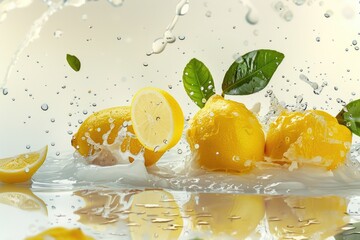 Poster - A bunch of lemons fall from above into the calm water, creating a refreshing splash