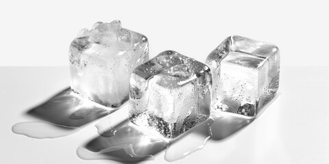 Poster - Three ice cubes siting on top of a table, often used in still life photography