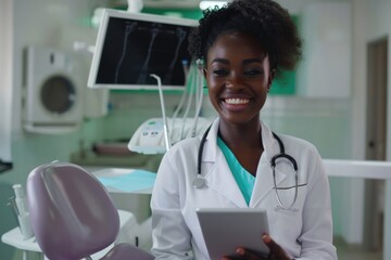 Poster - A woman in a white lab coat holds a tablet, likely used for research or data entry