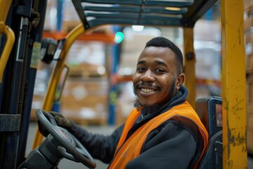 Poster - Man operating a forklift in a warehouse setting, conveying goods