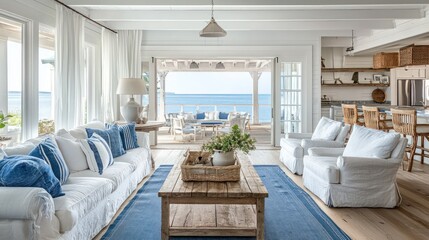 Wall Mural - Coastal-inspired living room with blue and white decor, wooden details, and views of the ocean.