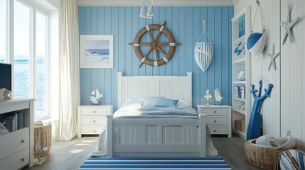 Wall Mural - Coastal bedroom with a nautical theme, featuring light blue walls and white wooden furniture.