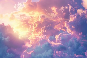 Poster - Aerial view of a plane passing through puffy white clouds during sunset