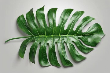 Poster - A single large green leaf sits on a white surface, ideal for use in nature-themed designs or as a symbol of growth and renewal