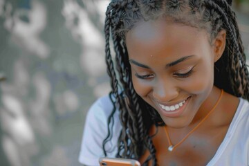 Poster - Young woman looks at her phone with a smile, possibly checking messages or social media