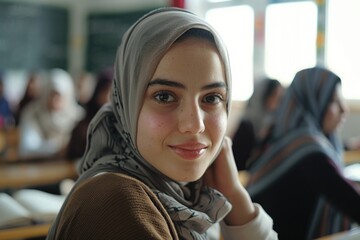 Poster - A woman wearing a headscarf sits at a desk in a traditional classroom setting