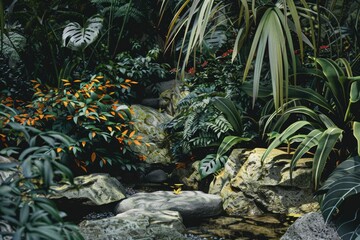 Poster - A serene river runs through the heart of a vibrant green forest, surrounded by towering trees and lush vegetation