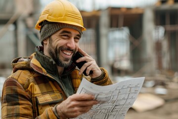 Poster - A construction worker taking a call while wearing a hard hat and safety gear