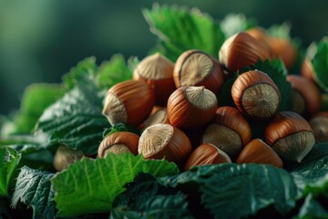 Poster - A collection of nuts and leaves on a wooden table, ideal for a rustic or natural-themed setting
