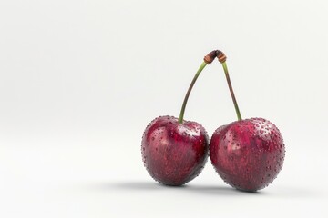Leinwandbilder - Two juicy cherries with glistening water droplets on their surface