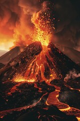 Poster - A volcano erupting with molten lava flowing out, suitable for use in science or nature illustrations