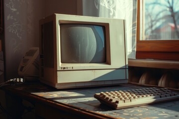 Aufkleber - A small television sits atop a wooden table with a rustic design