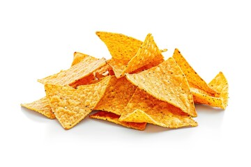 Poster - A stack of crunchy tortilla chips on a clean white surface, perfect for snacking or serving