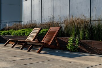 Poster - Row of wooden chairs on a city sidewalk, suitable for urban or commercial use