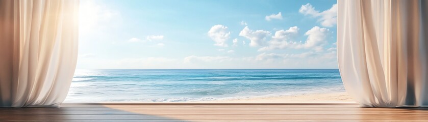 Serene beach view through open curtains on a sunny day with blue sky and calm ocean waves, perfect for relaxation and escape.