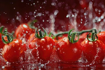 Poster - Fresh tomatoes being cleaned with water, ideal for food photography or still life compositions