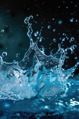 Poster - A splash of water on a blue surface, perfect for illustrating ideas about cleaning or refreshment