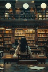 Poster - A person sitting at a table in a quiet library, ideal for studying or reading