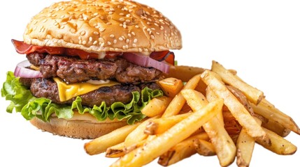 Canvas Print - A plate of tasty food with a juicy hamburger and crispy French fries on a clean white background