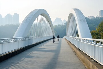 A wide bridge with a white metal guardrail, two cyclists in the middle Generative AI