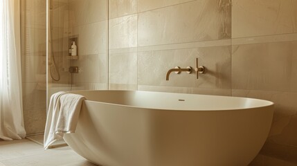 Leinwandbilder - Contemporary bathroom with a minimalist design, featuring a large freestanding tub, modern wall-mounted faucets, and light-colored walls. Close-up photo with clean background