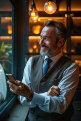 Aufkleber - Man in suit looking at smartphone, possibly checking messages or emails