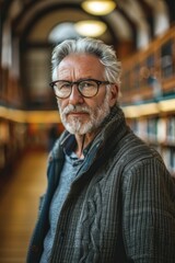 Sticker - A man with a beard and glasses standing in a library, possibly studying or researching