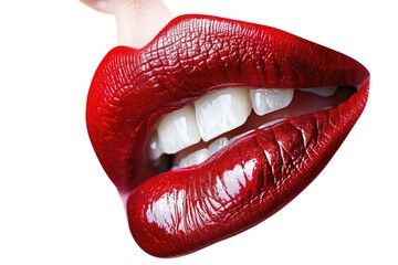 Poster - A close-up shot of a woman's lips painted with bright red lipstick, suitable for beauty or fashion editorial use