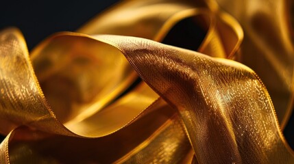 Poster - A close-up shot of a gold ribbon against a black background, ideal for use in designs requiring subtle accent colors
