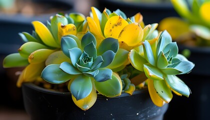 Vibrant close-up of a succulent with green and yellow foliage in a sleek black pot