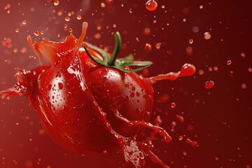 Poster - A fresh tomato with water droplets and splashes on its surface