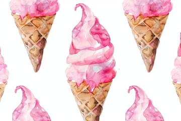 Sticker - Pattern of pink ice cream cones on a white background, perfect for food or dessert related projects