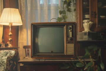 Canvas Print - An old television set sits atop a worn wooden table, with a rustic charm