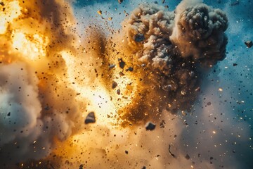 Wall Mural - A massive explosion of smoke and rocks in the sky, with debris falling down