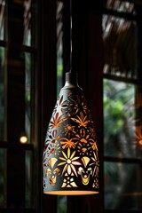 Poster - Light fixture hangs from the ceiling in front of a window