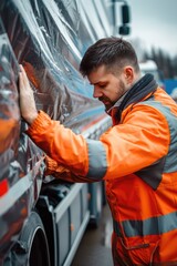 Poster - A person wearing an orange jacket paints a truck, informative and practical illustration