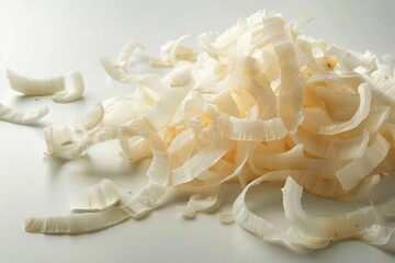 a pile of shredded onions on a white surface, suitable for use in cooking or food photography