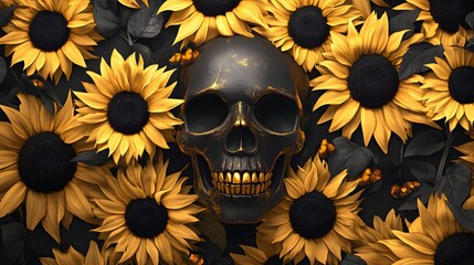 Happy skull surrounded by vibrant sunflower petals picture