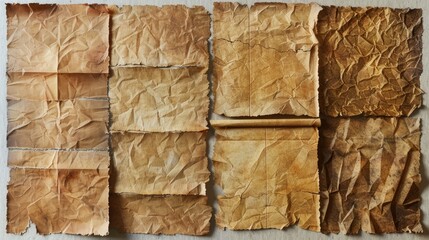 Poster - A collection of torn and crumpled papers on a wooden surface