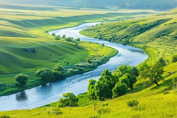 Poster - A serene landscape of a river winding its way through a lush green valley