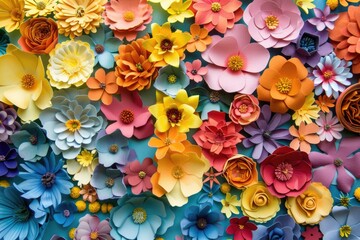 Poster - Paper flowers adorn a wall, adding a pop of color and whimsy