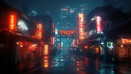 Cyberpunk streets illustration, futuristic city, dystoptic artwork at night, 4k wallpaper. Rain foggy, moody empty future