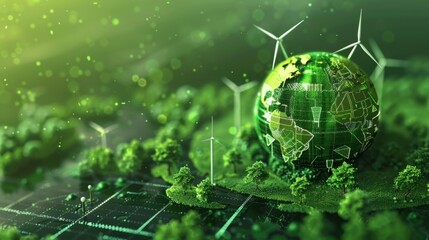 Poster - Earth illustrated with green symbols of renewable energy like wind, solar, and hydro power on a lively green background. Close-up photo with clean background