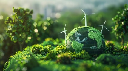 Poster - Earth illustrated with green symbols of renewable energy like wind, solar, and hydro power on a lively green background. Close-up photo with clean background