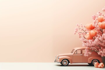 Wall Mural - car and bouquet on blurred peach background for cute and love design