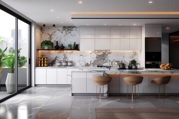 Wall Mural - Modern and comfortable kitchen in white room of 3drender