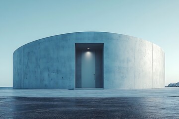 A minimalist round concrete building with a single door, set against a clear blue sky.