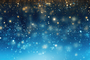 Poster - Blue background with silver and gold snowflake particles and blurred bokeh sparkles