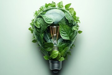 Eco friendly lightbulb from fresh leaves top vie, concept of Renewable Energy and Sustainable Living