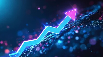 Poster - Holographic arrow is pointing up on a dark blue background with glowing particles, evoking the concept of business growth and success